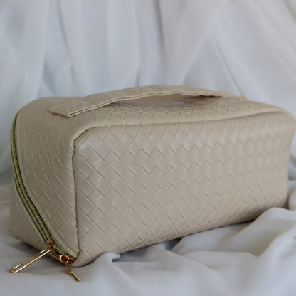 White PU Leather Weave Cosmetic Bag